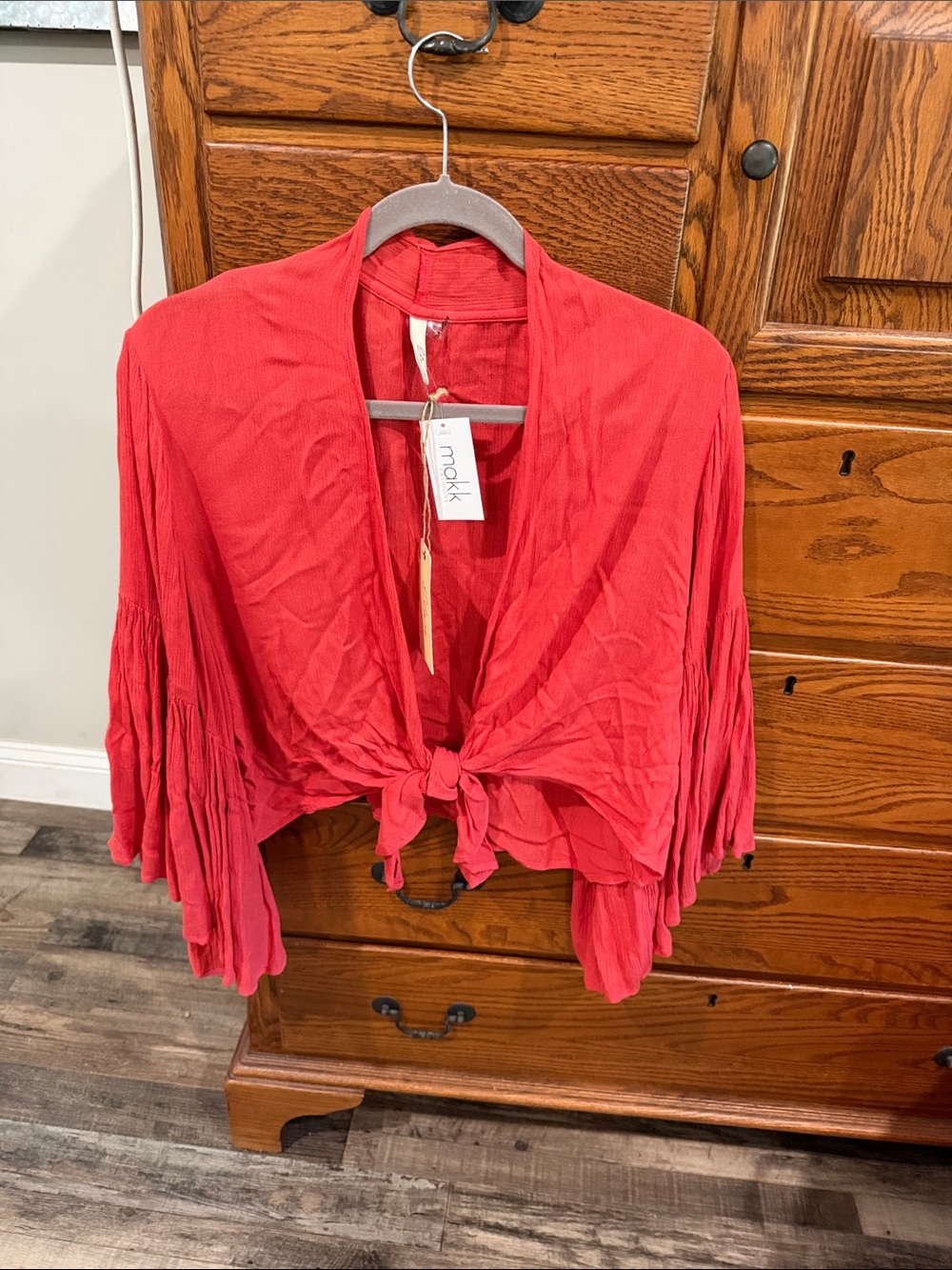 Elan rusty color Tie-Front Crop Top with Bell Sleeves